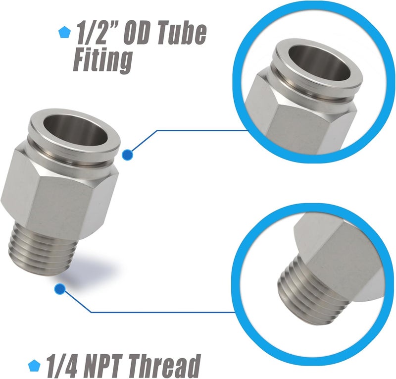MSAEIQUN Stainless Steel 1/2 Air hose fittings, Push to Connect Air fittings Male Straight 1/2 Inch Tube OD x 1/4 NPT Thread Fitting (Pack of 2) - Image 2
